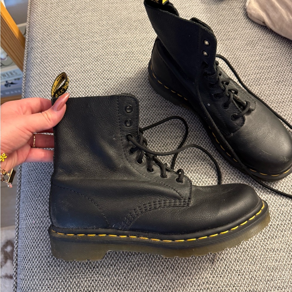 Dr. Martens Black Leather Lace-Up Boots with Yellow Tag Detail